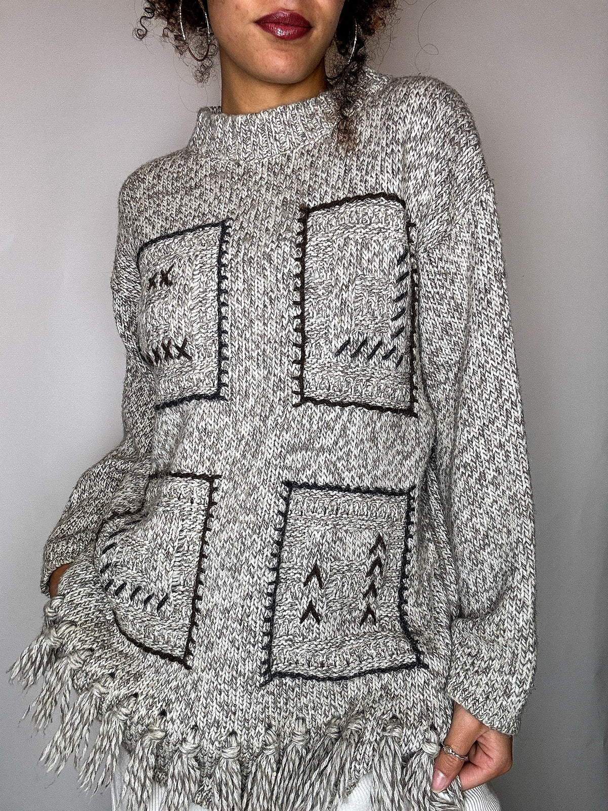 Pull à franges beige M vintage