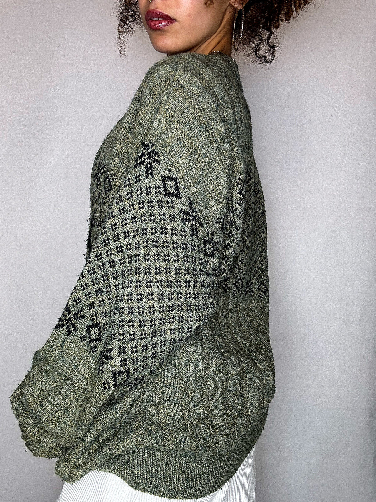 Vintage-Strickjacke mit grünem Muster, Größe L