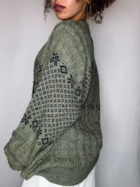 Vintage-Strickjacke mit grünem Muster, Größe L