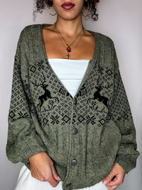 Vintage-Strickjacke mit grünem Muster, Größe L