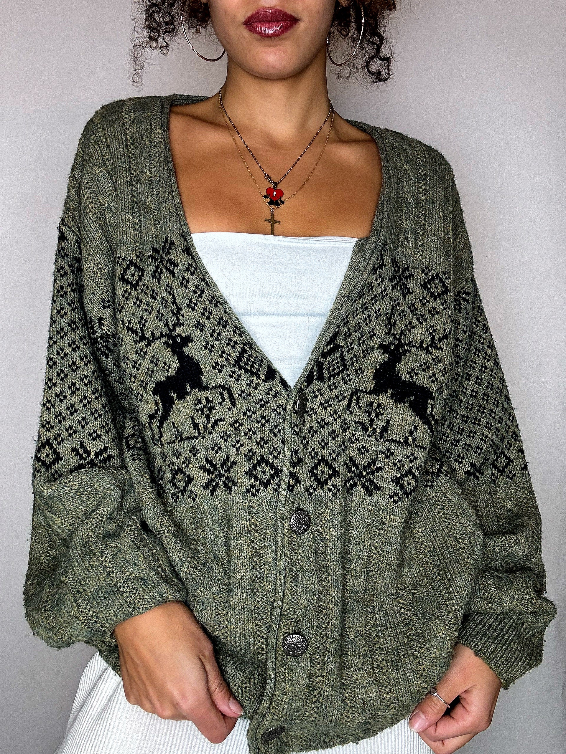 Vintage-Strickjacke mit grünem Muster, Größe L