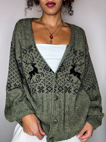 Cardigan à motifs vert L vintage