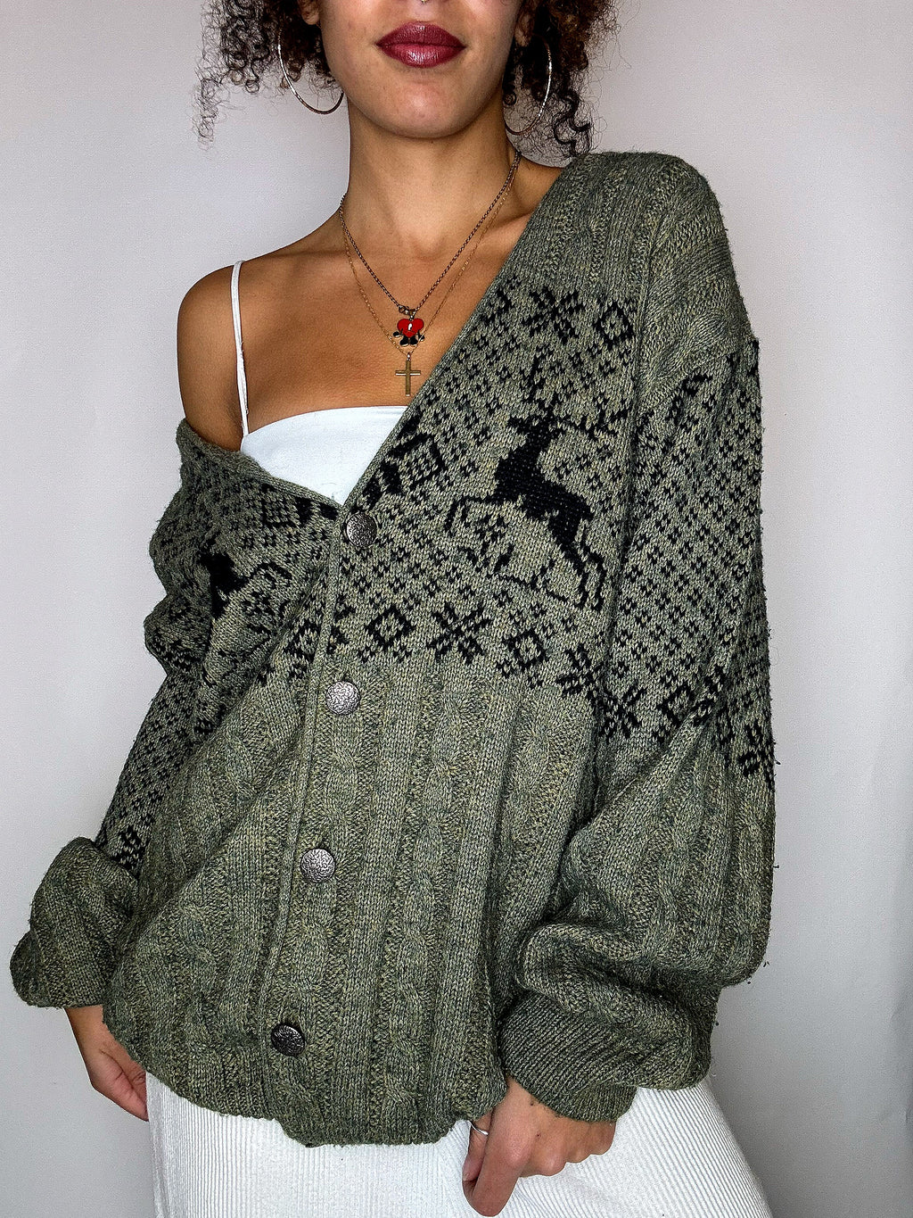 Vintage-Strickjacke mit grünem Muster, Größe L