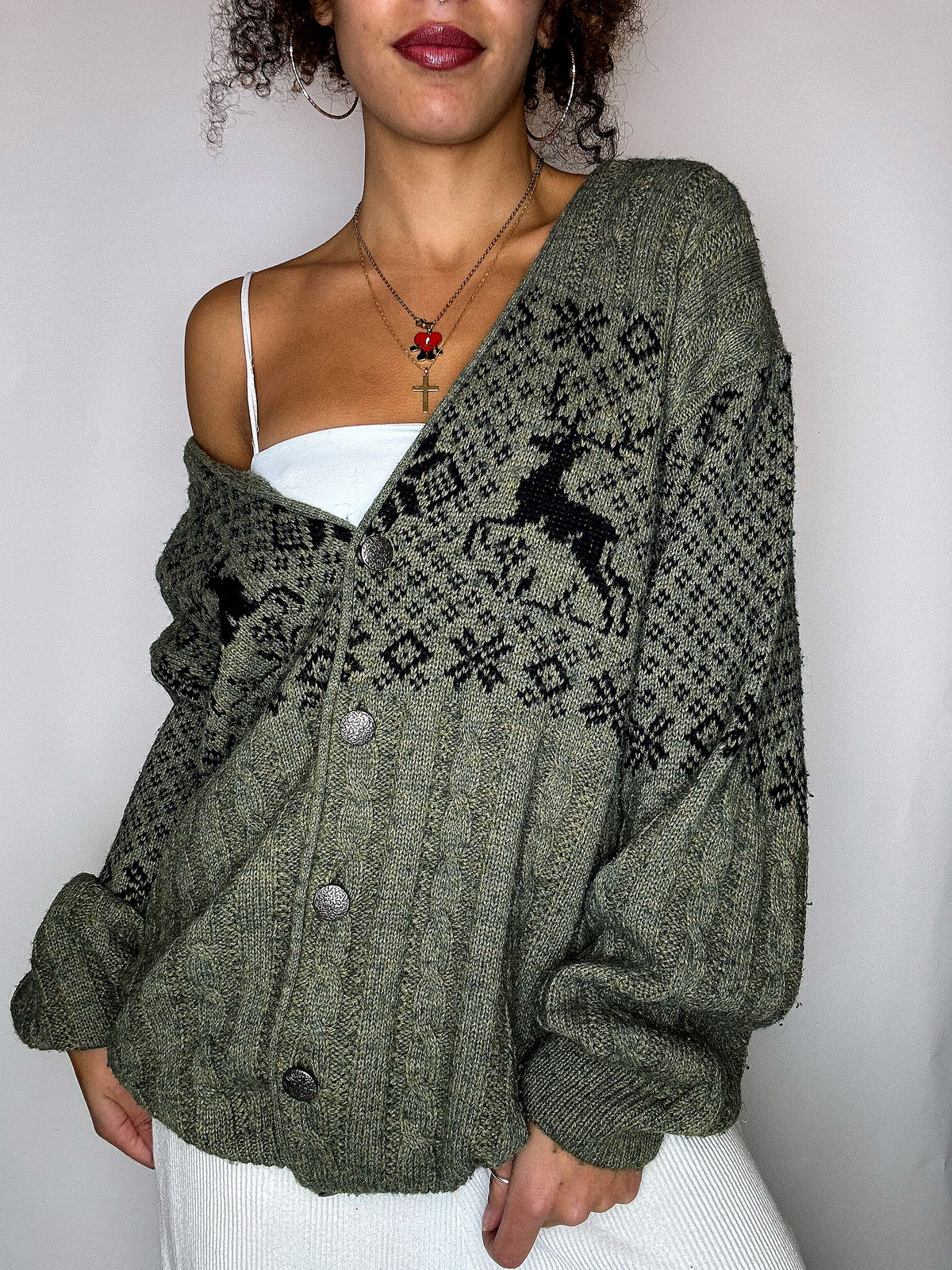 Vintage-Strickjacke mit grünem Muster, Größe L