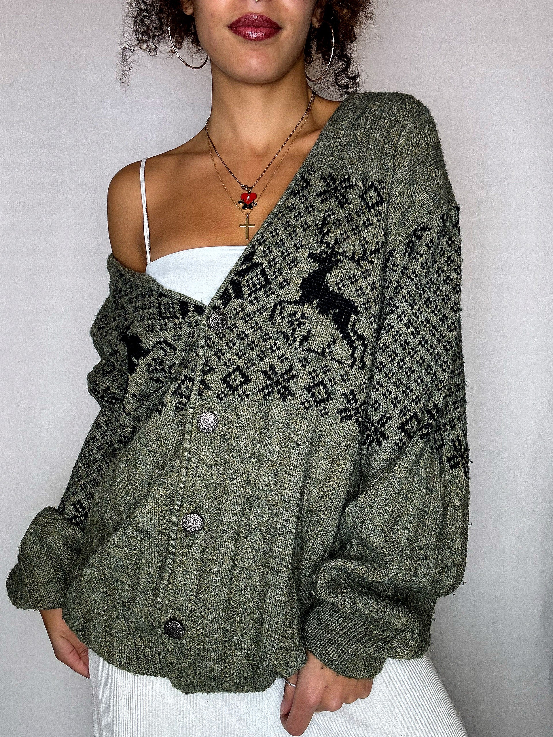 Vintage-Strickjacke mit grünem Muster, Größe L