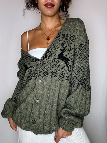 Cardigan à motifs vert L vintage