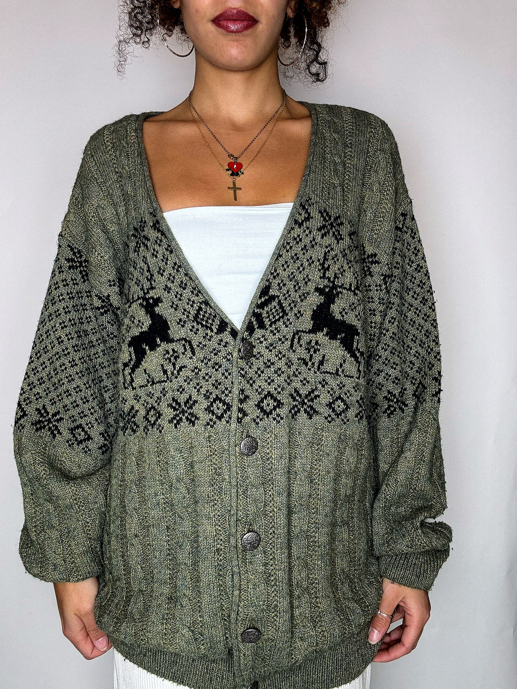 Vintage-Strickjacke mit grünem Muster, Größe L