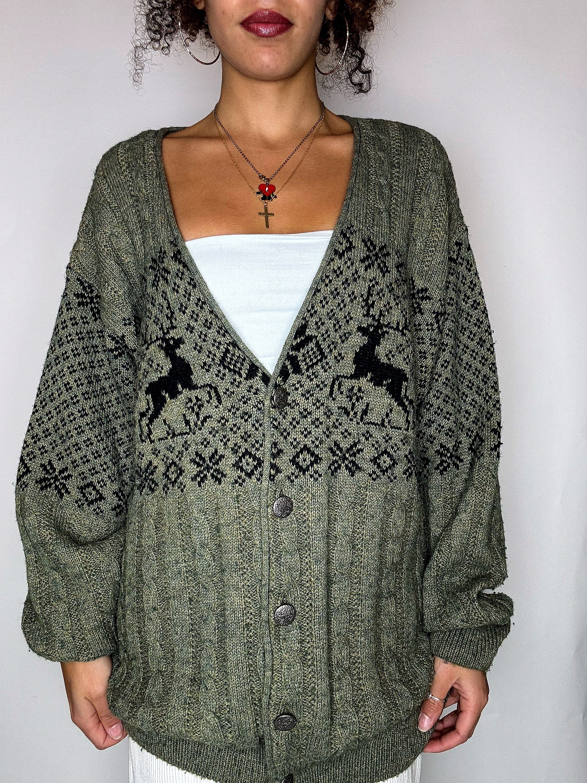 Vintage-Strickjacke mit grünem Muster, Größe L