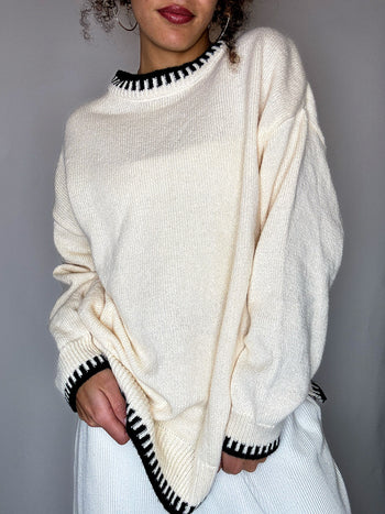 Pull col montant crème détails noirs M/L vintage