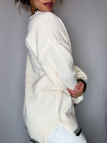 Pull col montant crème détails noirs M/L vintage