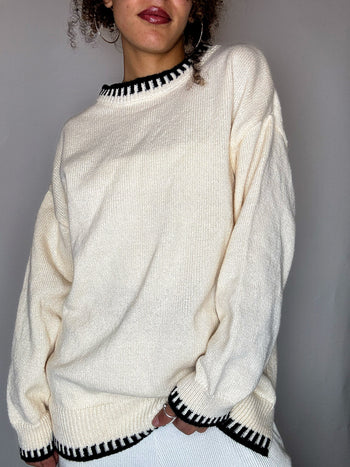Pull col montant crème détails noirs M/L vintage