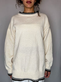 Pull col montant crème détails noirs M/L vintage