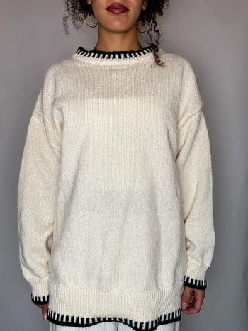 Pull col montant crème détails noirs M/L vintage