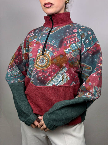 Burgundy graphic fleece with zip neck L/XL Vintage