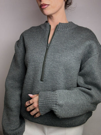 Pull en maille à col zippé vert deau XL vintage