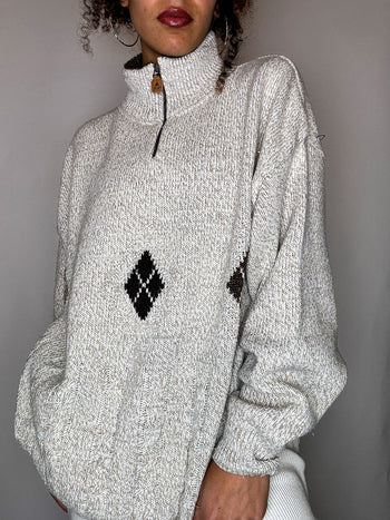 Pull col cheminée beige chiné beige XL vintage