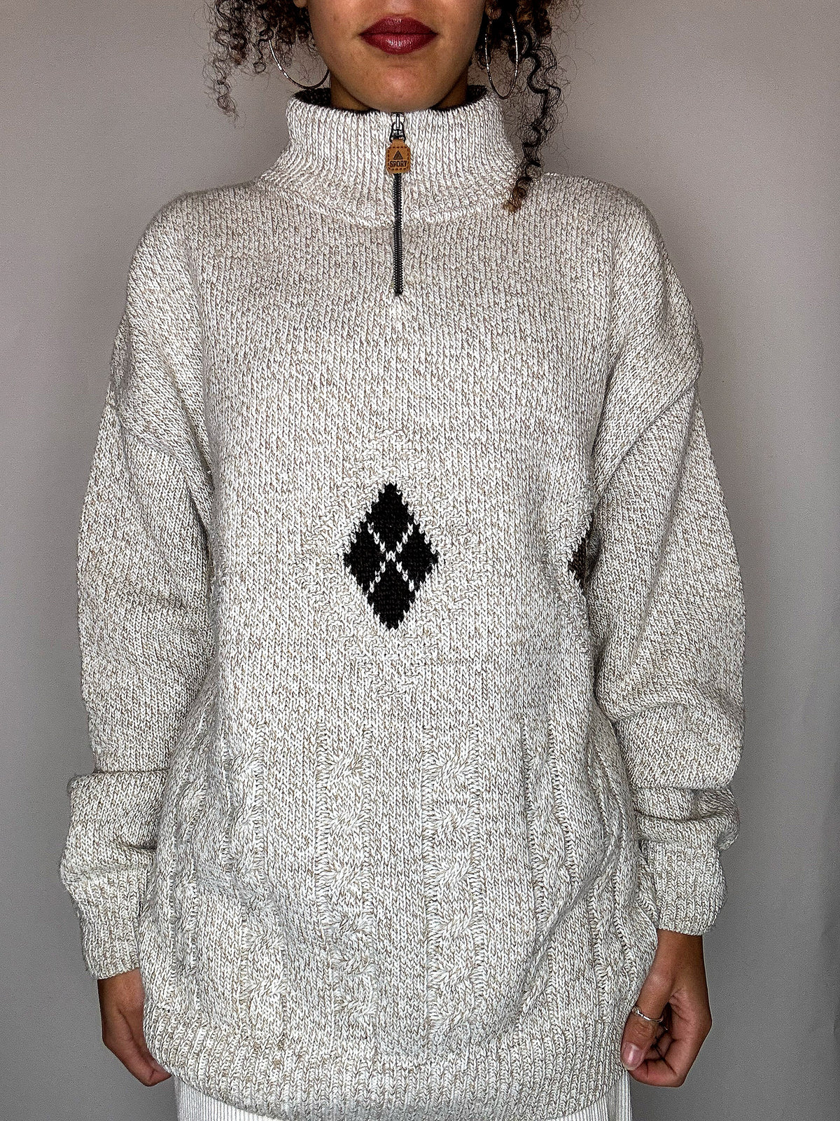 Pull col cheminée beige chiné beige XL vintage