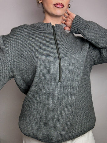 Pull en maille à col zippé vert deau XL vintage