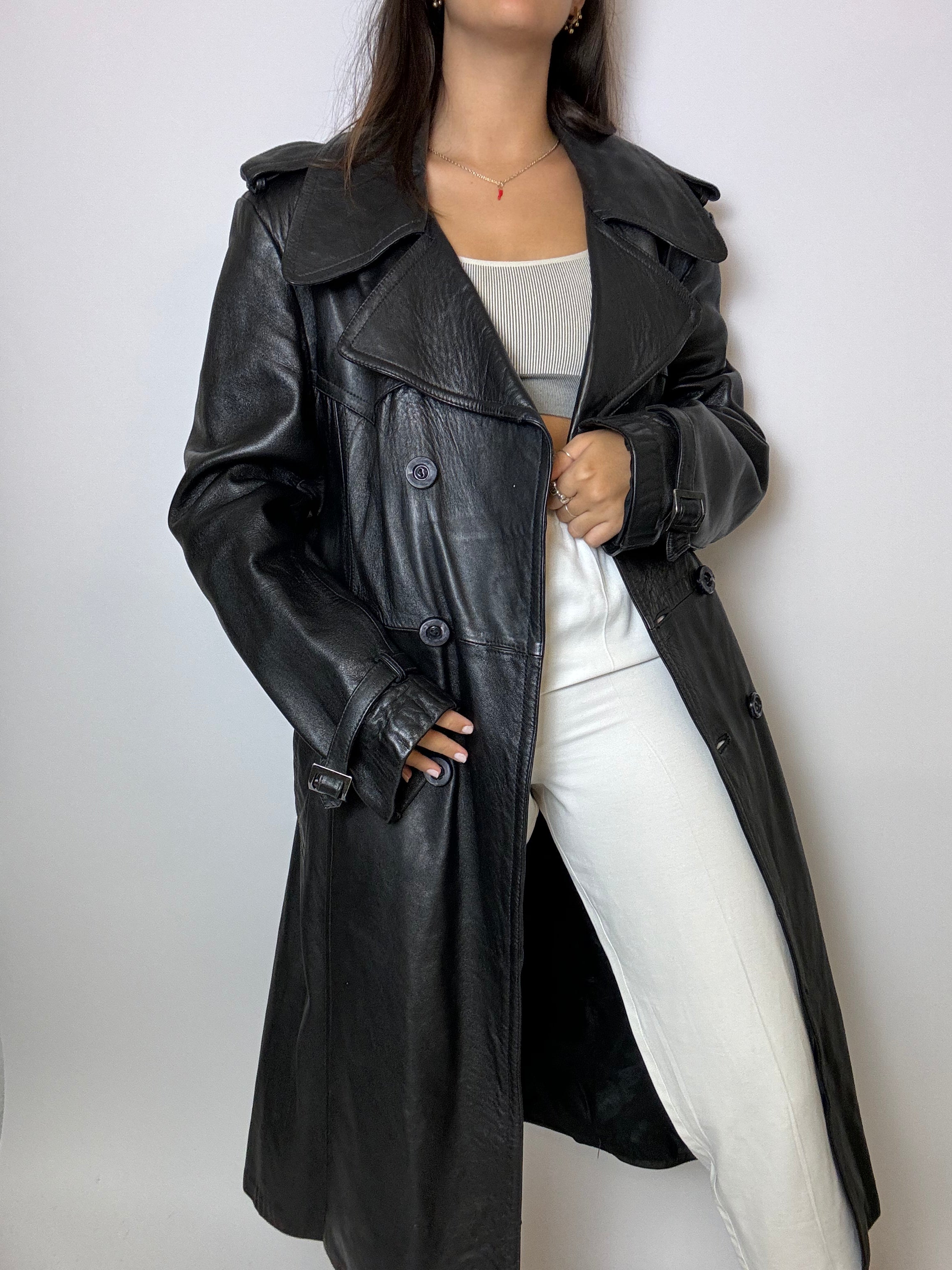 Vintage long black leather trenchcoat M 