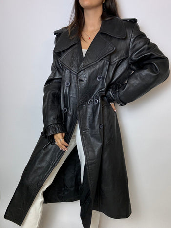 Trenchcoat en cuir noir long vintage M