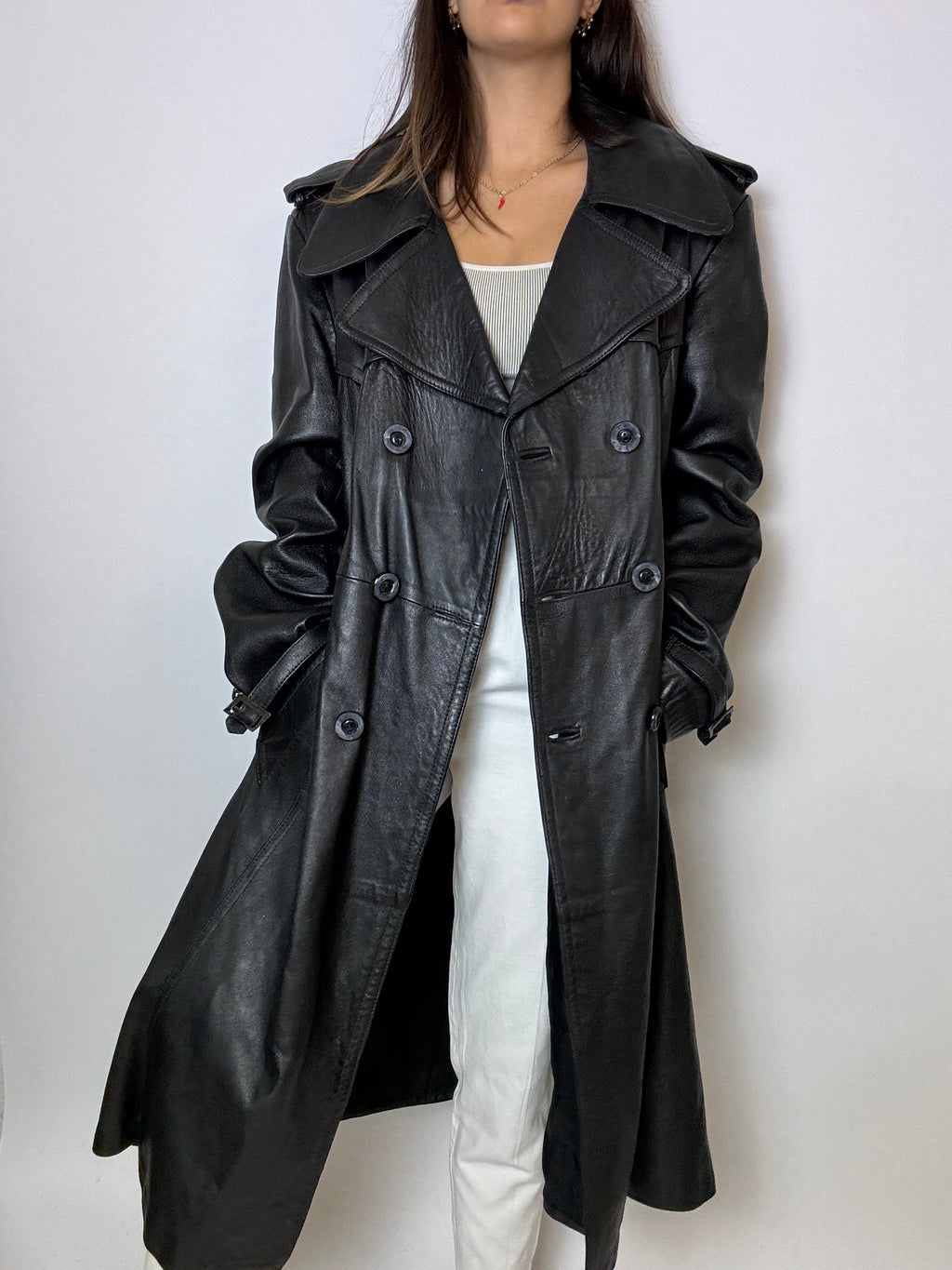Trenchcoat en cuir noir long vintage M