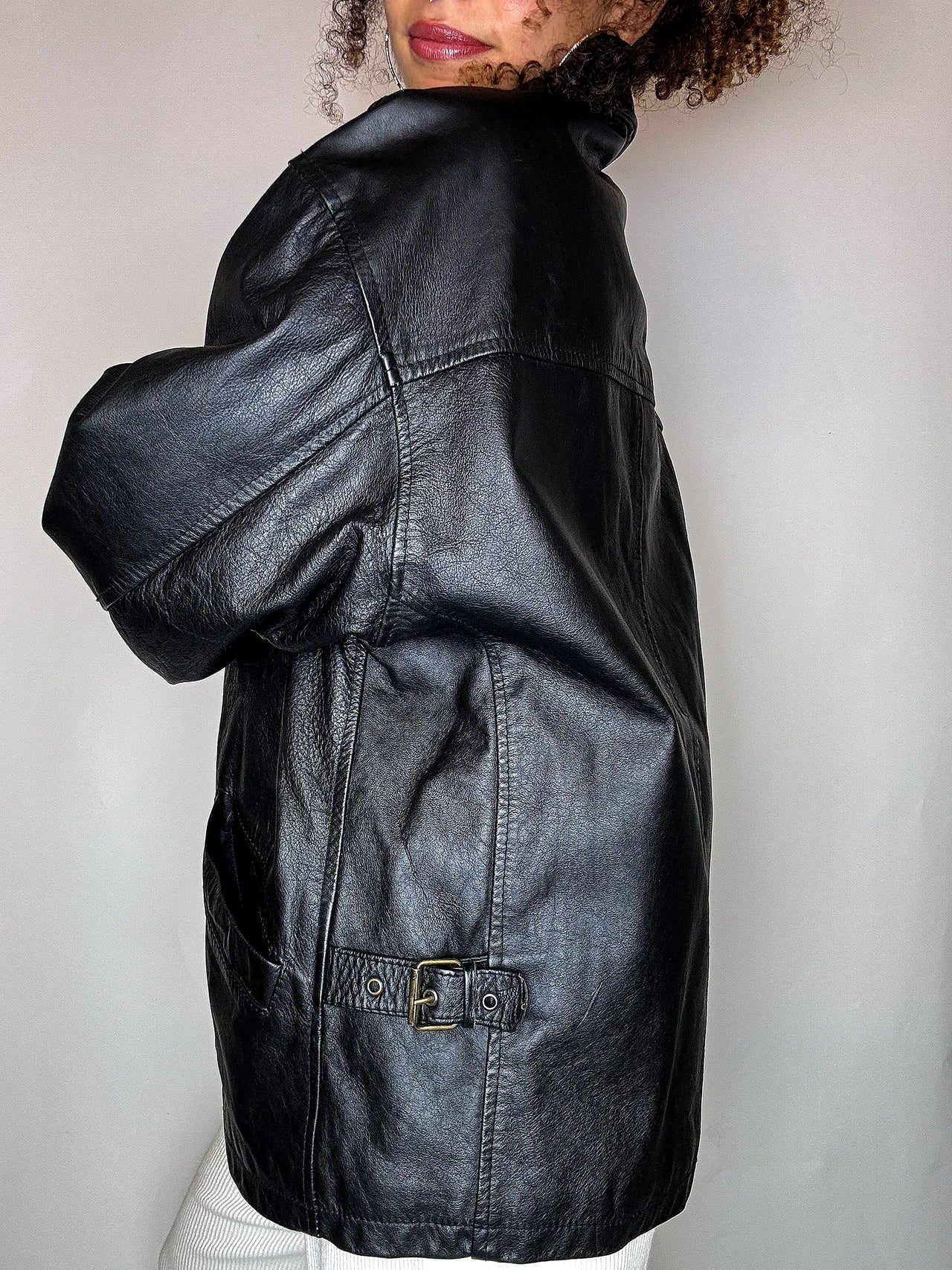 Veste droite doublée noire en cuir M/L vintage