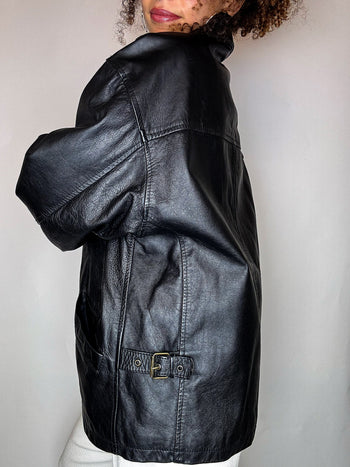 Veste droite doublée noire en cuir M/L vintage