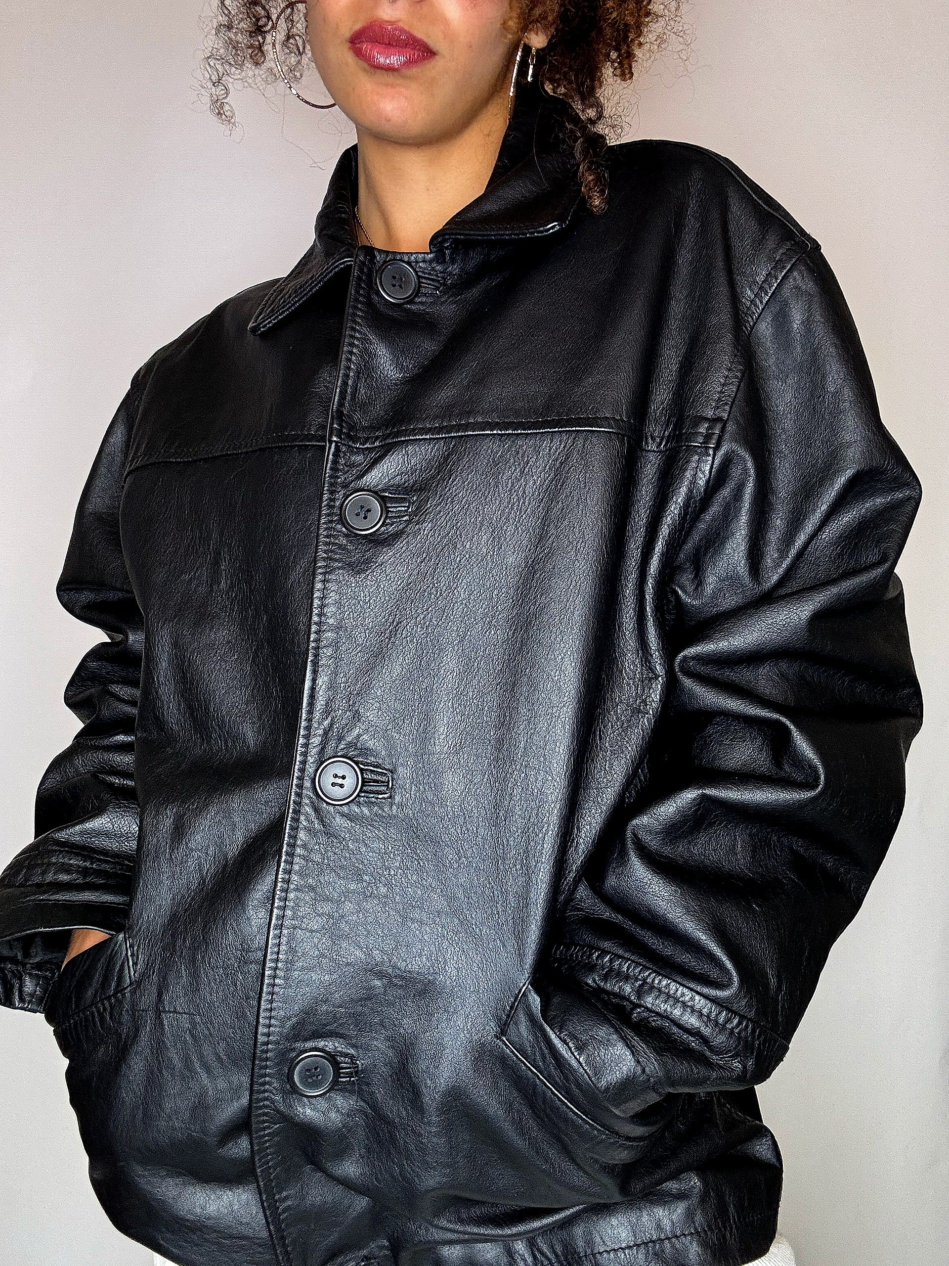 Veste droite doublée noire en cuir M/L vintage