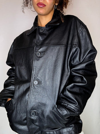 Veste droite doublée noire en cuir M/L vintage
