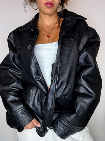 Veste droite doublée noire en cuir M/L vintage