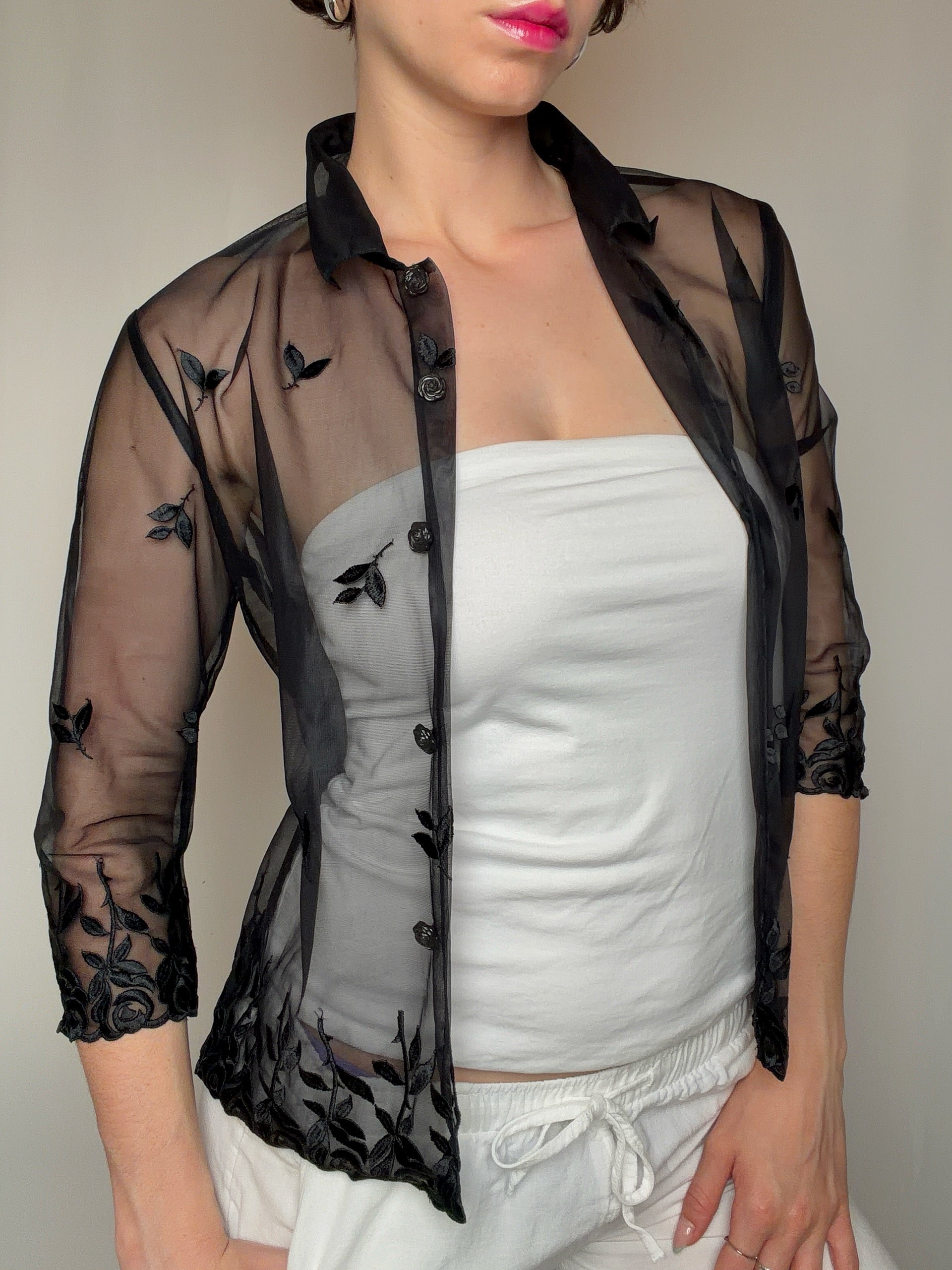 Transparente schwarze Vintage-Bluse Gr. S