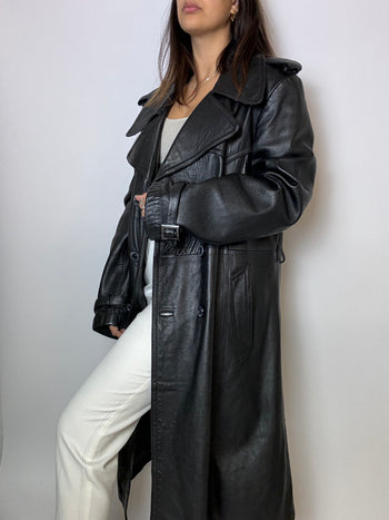 Trenchcoat en cuir noir long vintage M