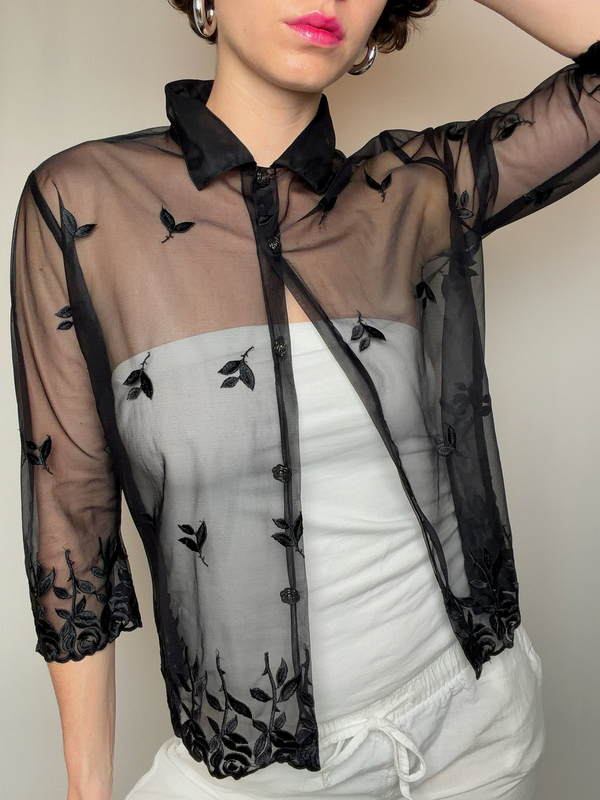 Transparente schwarze Vintage-Bluse Gr. S