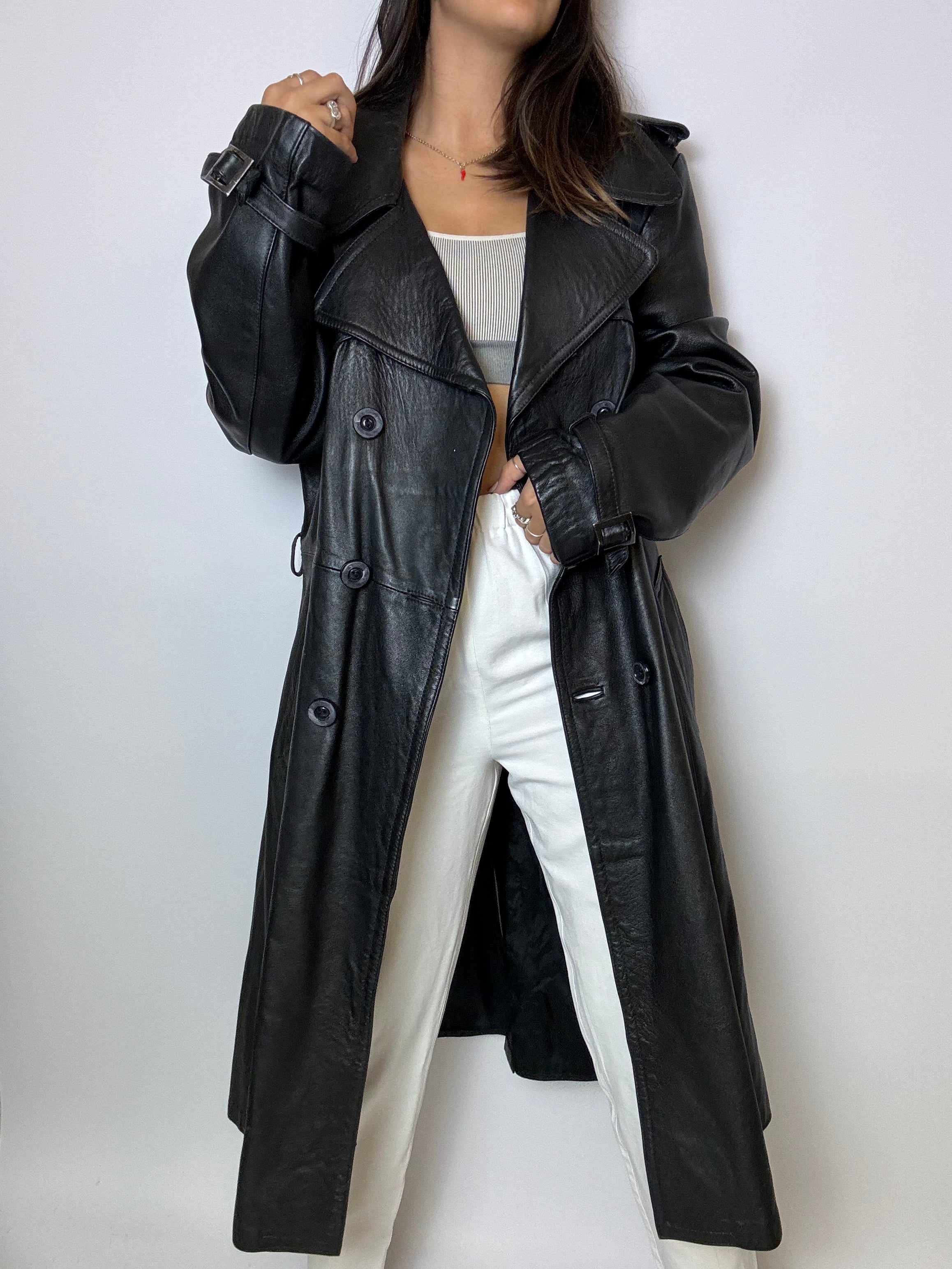Vintage long black leather trenchcoat M 