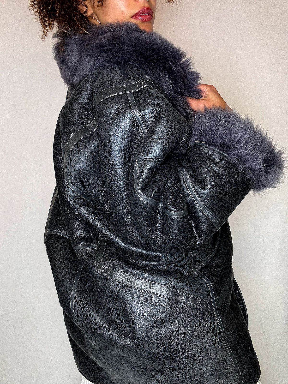 Shearling-Jacke mit Kunstpelz, Vintage-Größe, Größe L