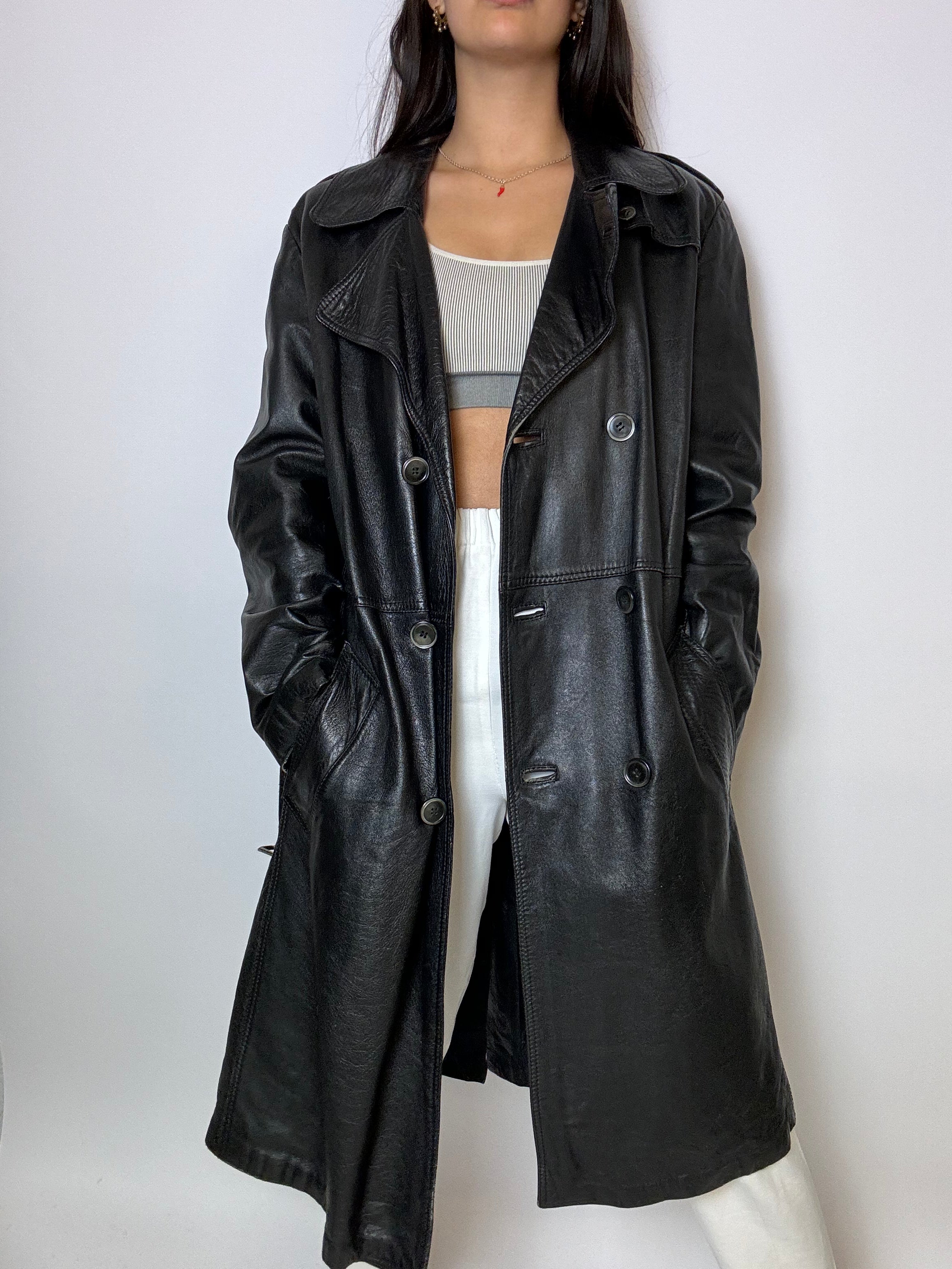 Vintage schwarzer Leder-Trenchcoat M