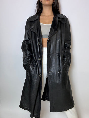 Trenchcoat en cuir noir vintage M