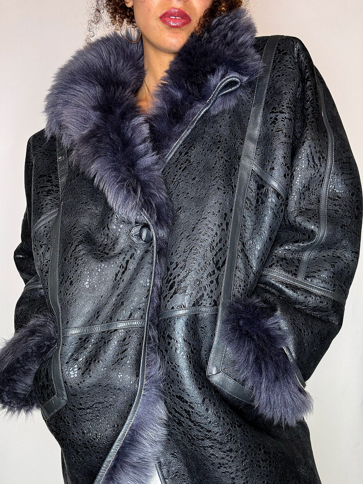 Shearling-Jacke mit Kunstpelz, Vintage-Größe, Größe L