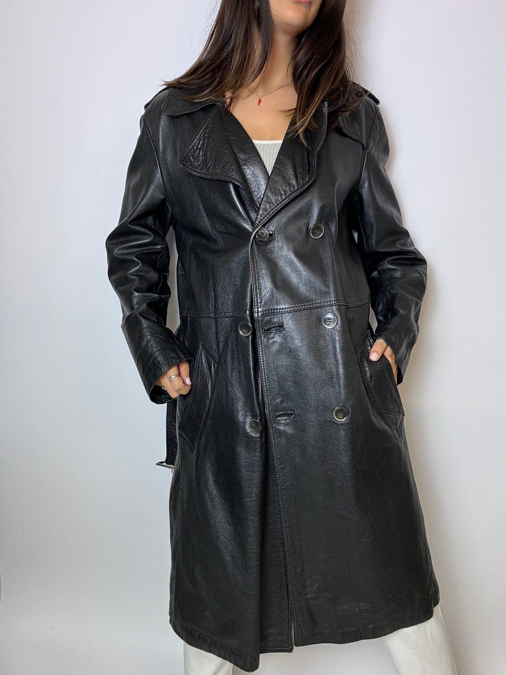 Vintage schwarzer Leder-Trenchcoat M