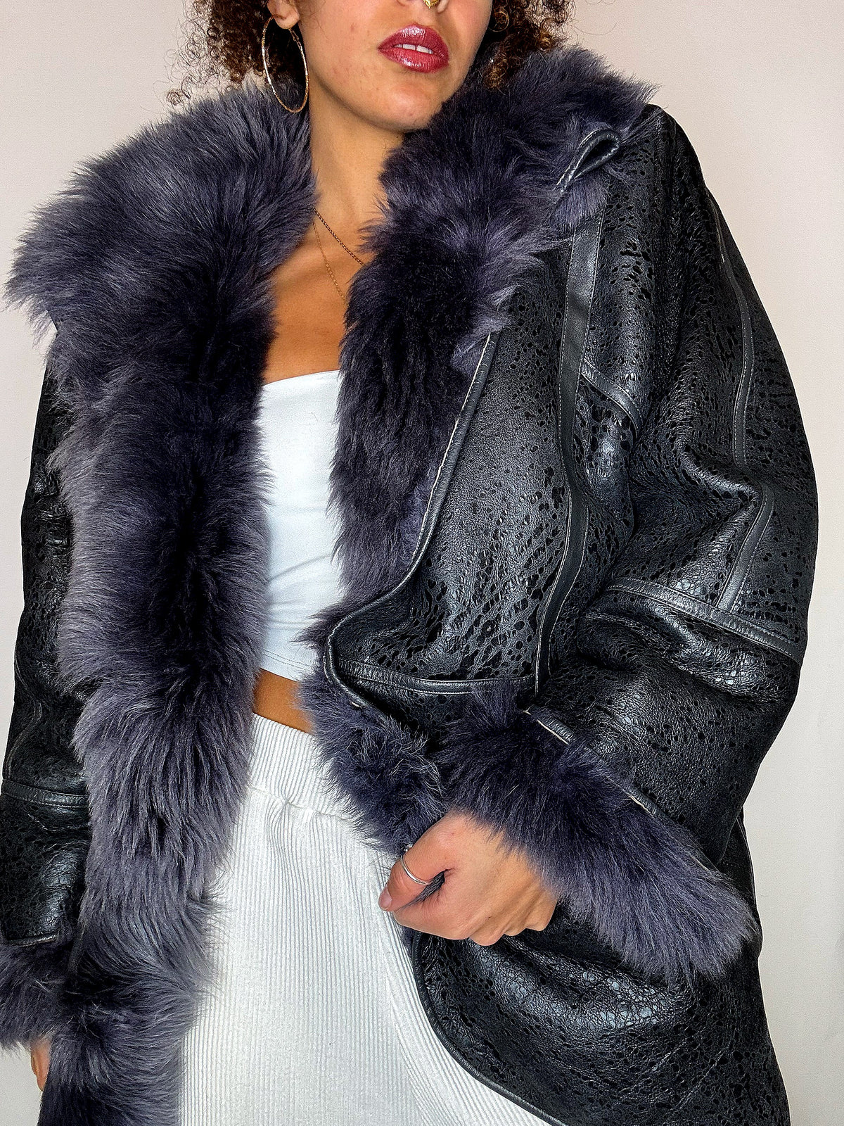 Shearling-Jacke mit Kunstpelz, Vintage-Größe, Größe L