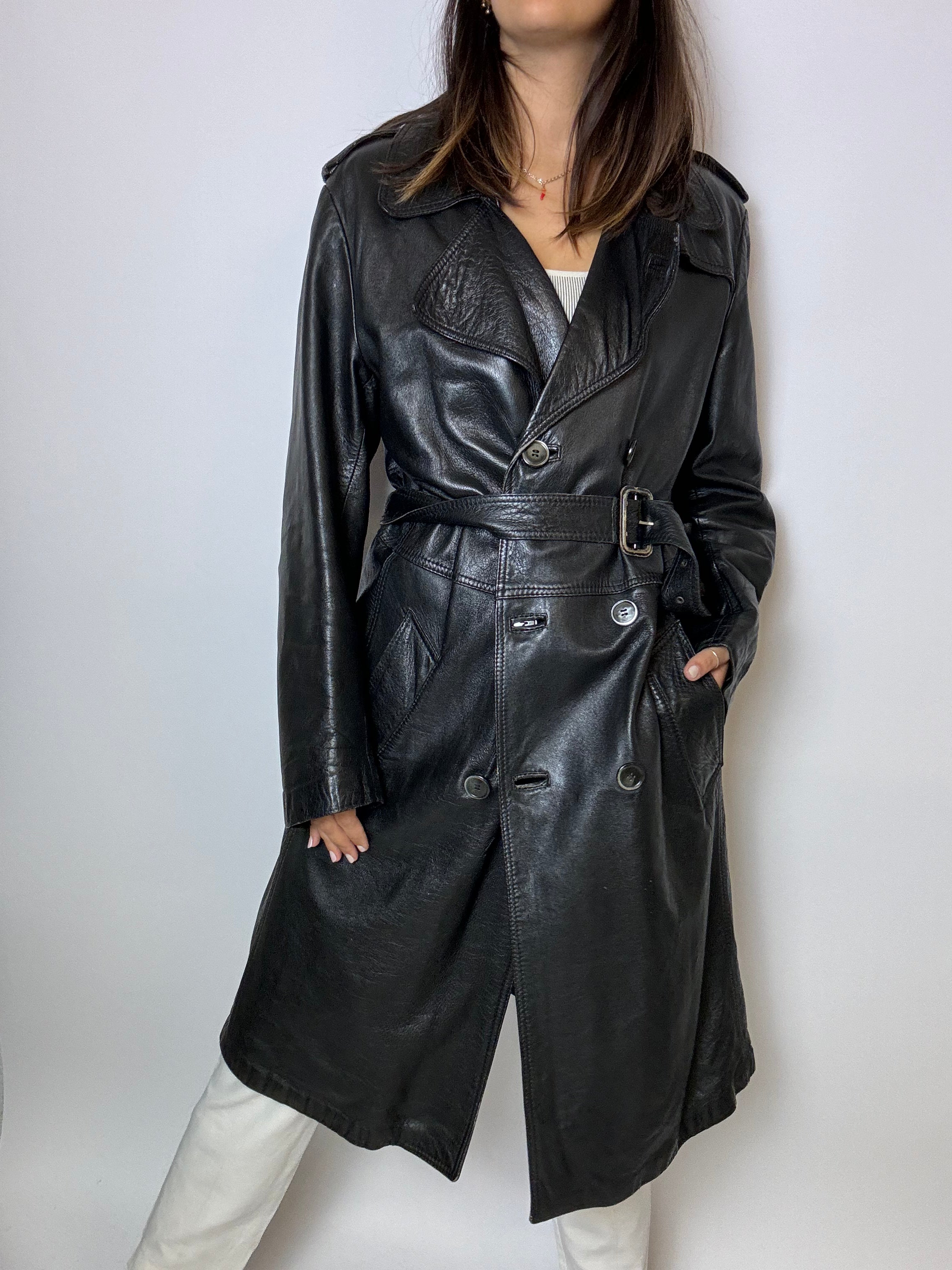 Vintage schwarzer Leder-Trenchcoat M