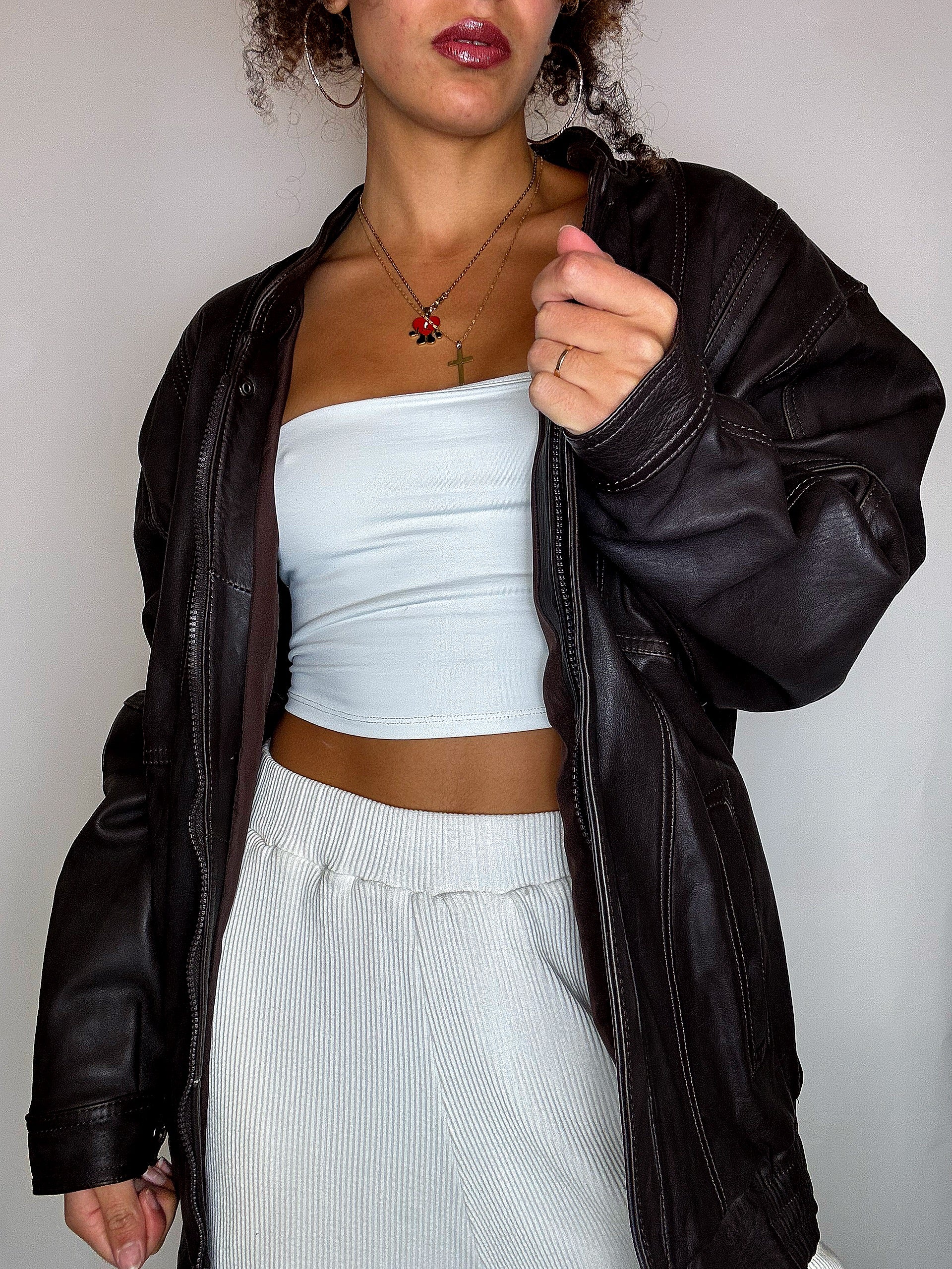 Vintage-Lederjacke in Schwarz und Braun, Größe M/L