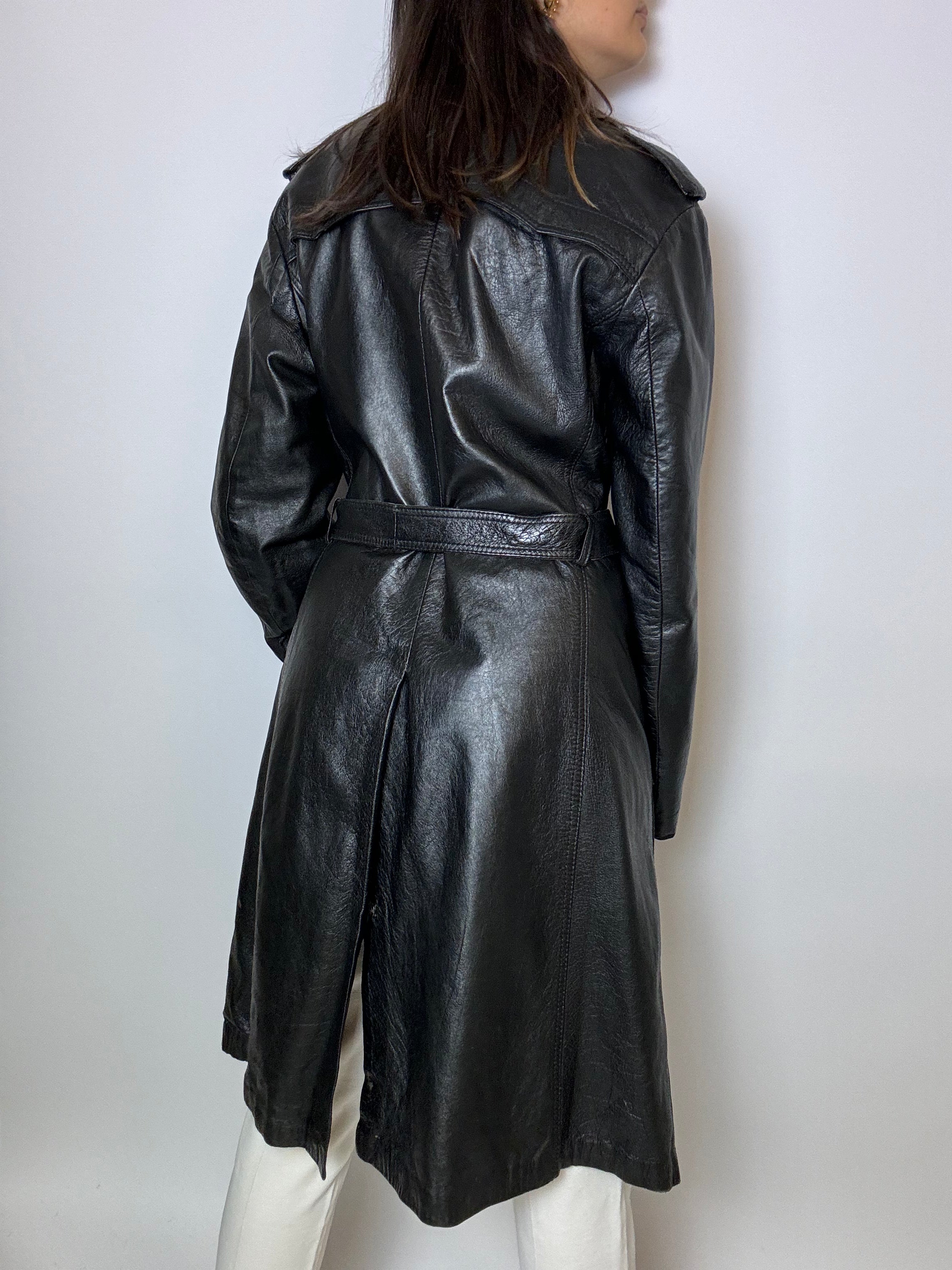 Vintage schwarzer Leder-Trenchcoat M
