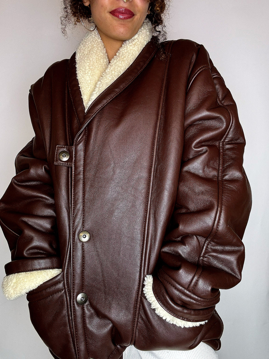 Manteau en peau de mouton retourné brun L/XL vintage