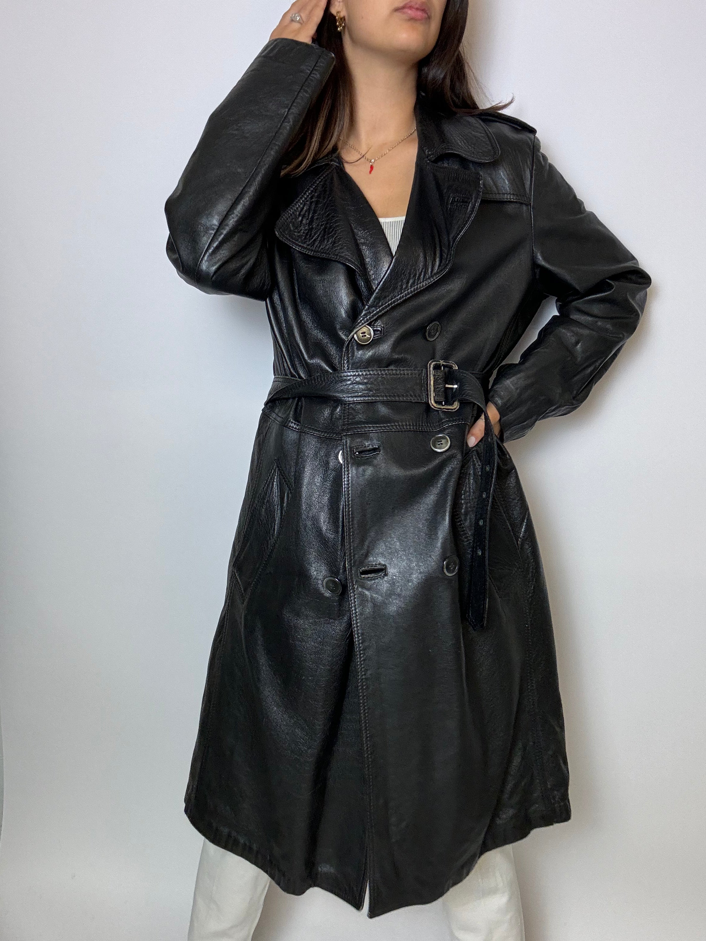 Vintage schwarzer Leder-Trenchcoat M