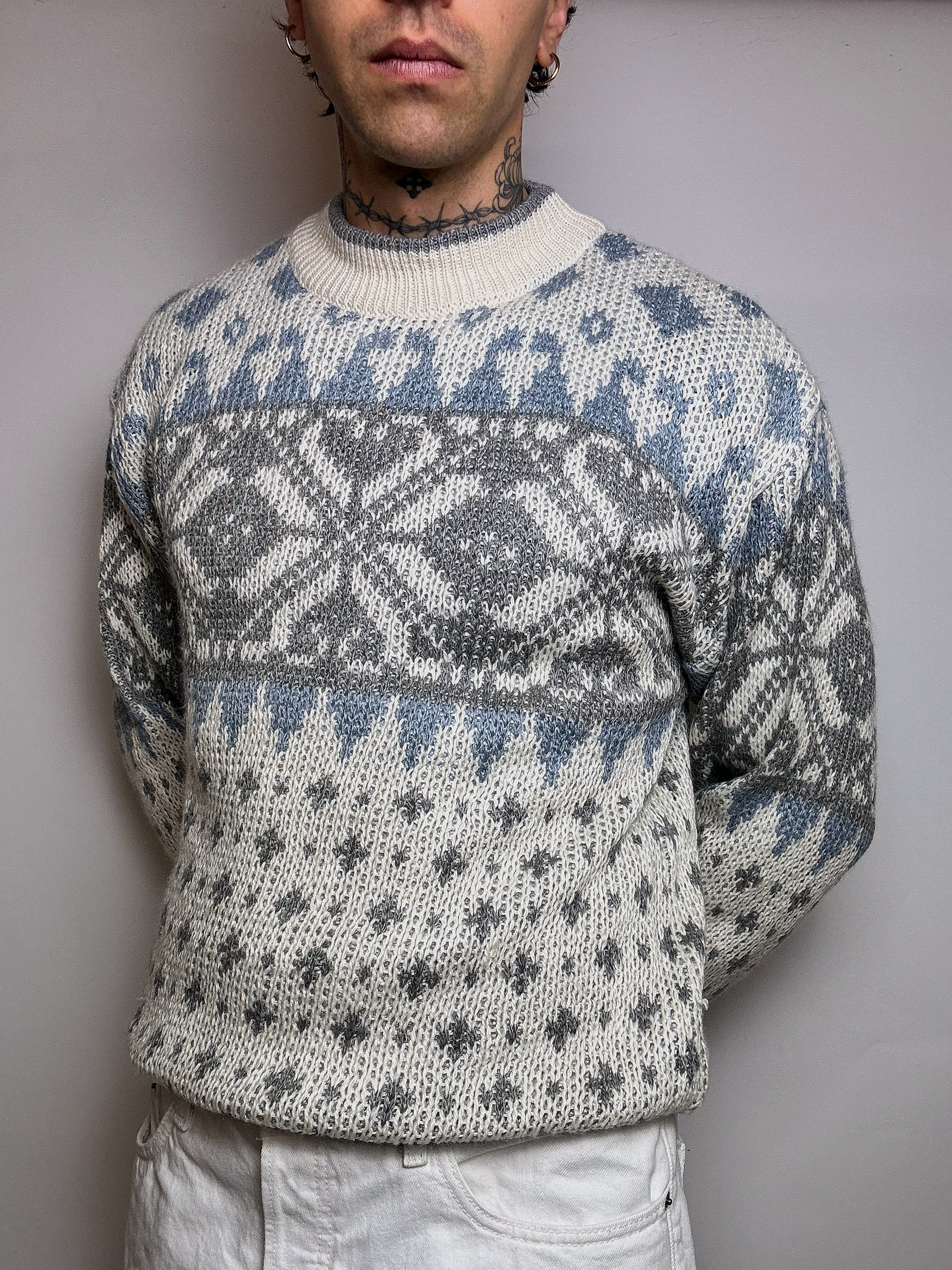 Vintage L-pattern knit crew neck sweater