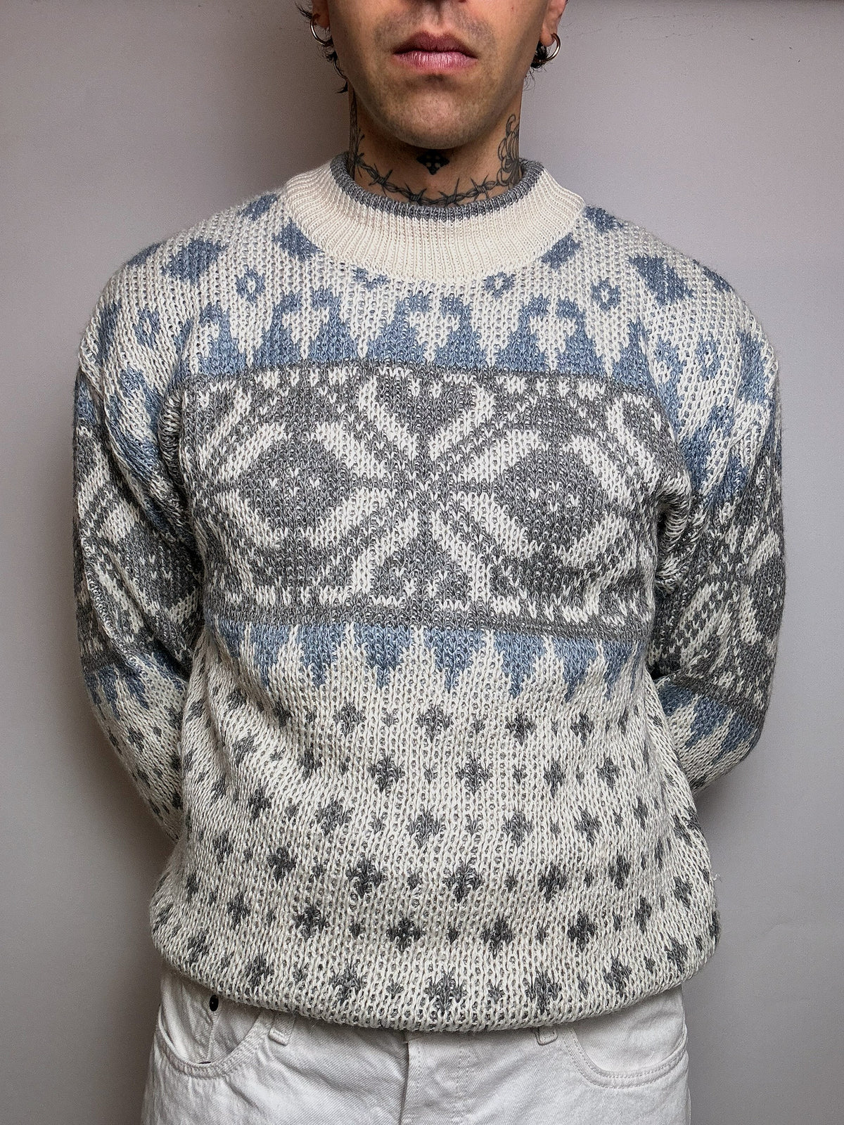 Vintage L-pattern knit crew neck sweater