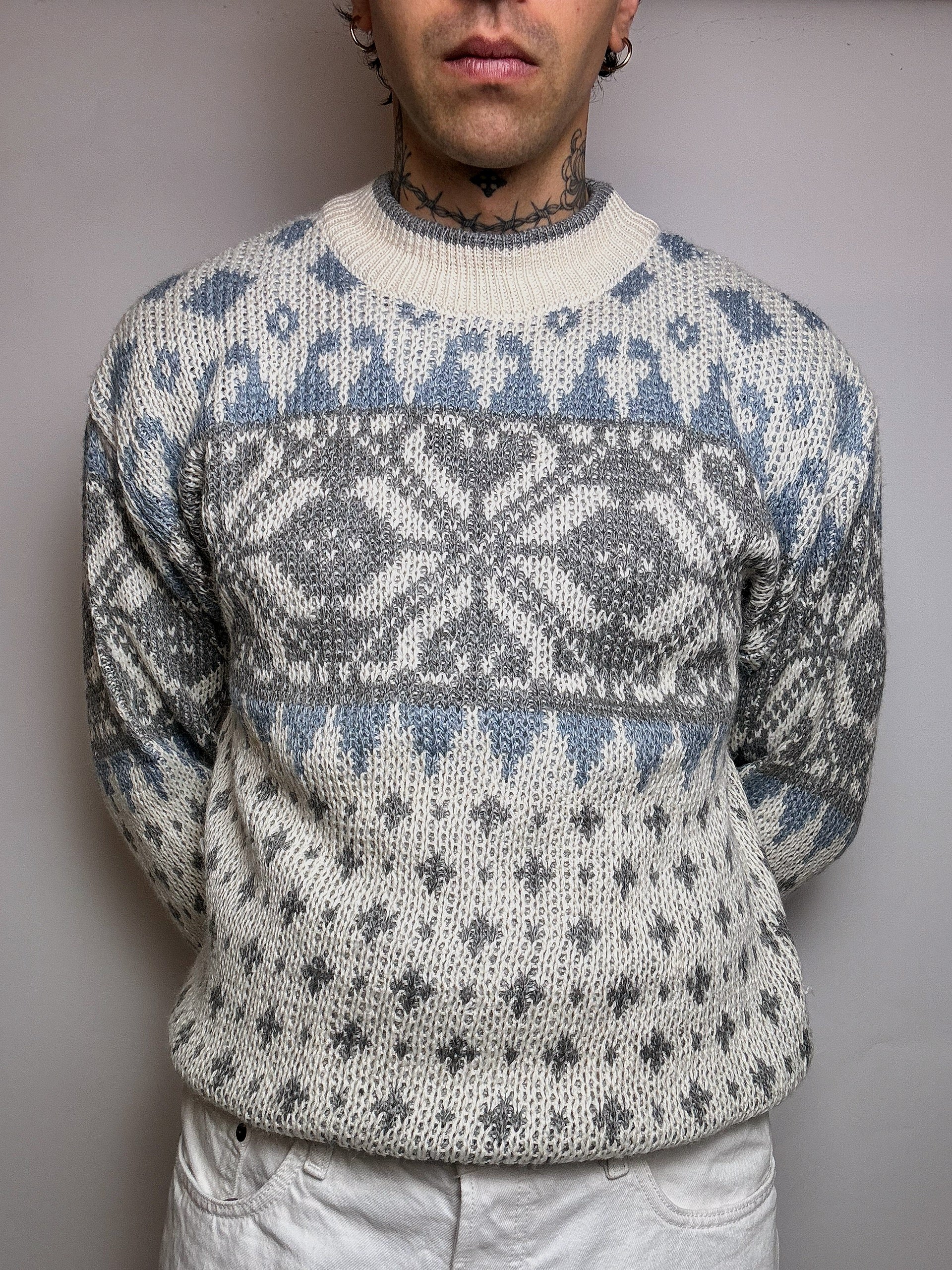 Vintage L-pattern knit crew neck sweater