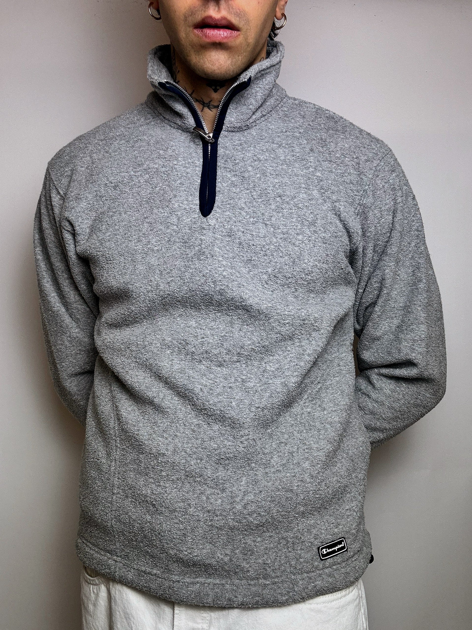 CHAMPION M Vintage Grey Zip-Neck Fleece