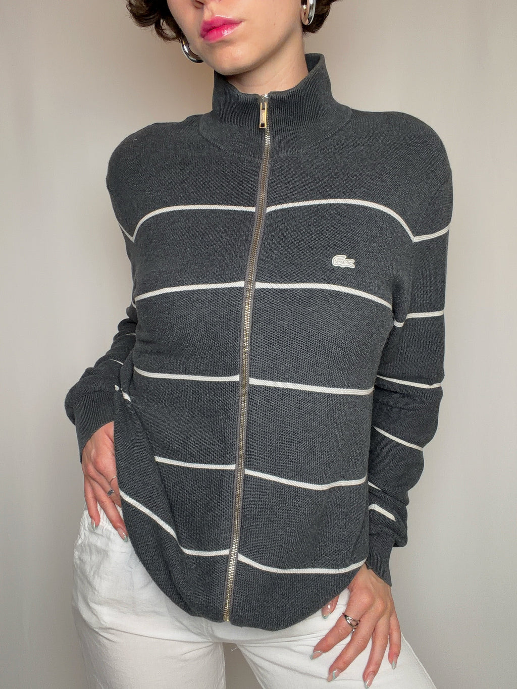 graue Lacoste Strickjacke mit Reißverschluss M Vintage